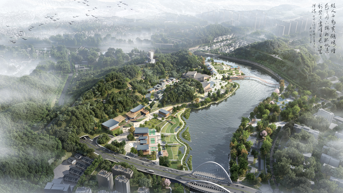 Vista urbana del museo e della piazza d’acqua centrale