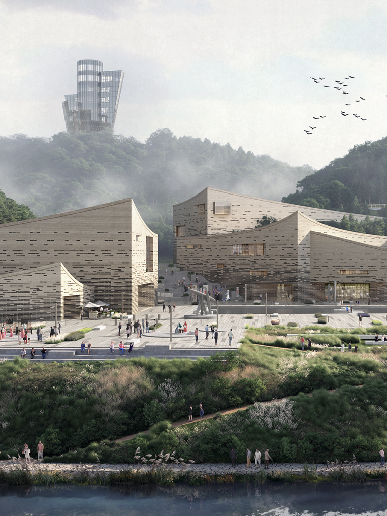 Render del distretto culturale con piazze e percorsi pedonali